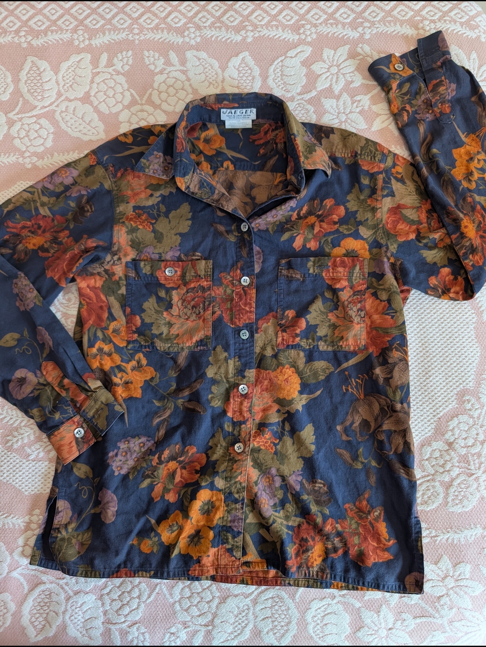 Jaeger Floral Button-Up Shirt Navy with Rust & Olive Blooms